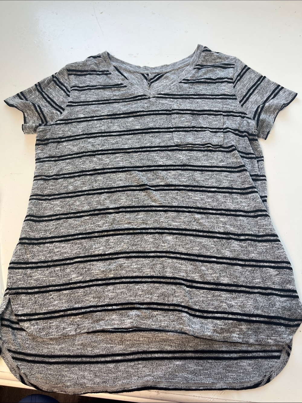 St John’s Bay Small Black Gray Striped Short Sleeve V Neck T Shirt